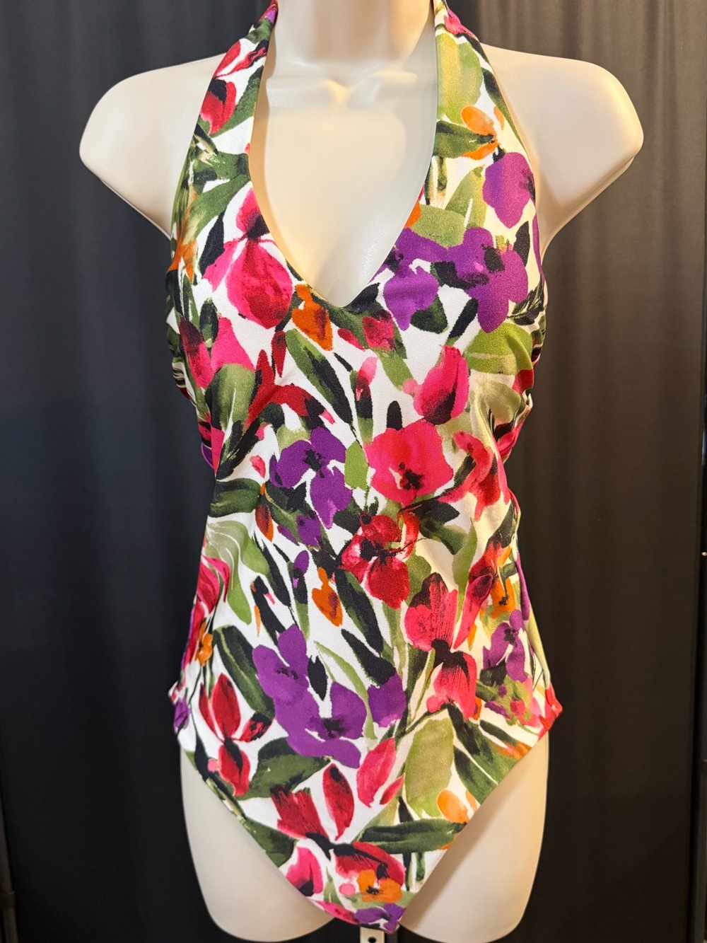 Shade & Shore Floral Print High Shine Halter Plunge Medium Coverage Swimsuit